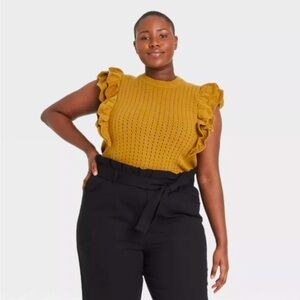 Who What Wear Short Sleeve Ruffle Flutter Crochet Sweater Mustard Top
Sz XS